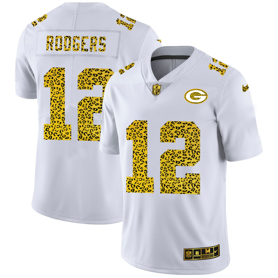 Green Bay Packers #12 Aaron Rodgers Men Nike Flocked Leopard Print Vapor Limited NFL Jersey White->green bay packers->NFL Jersey